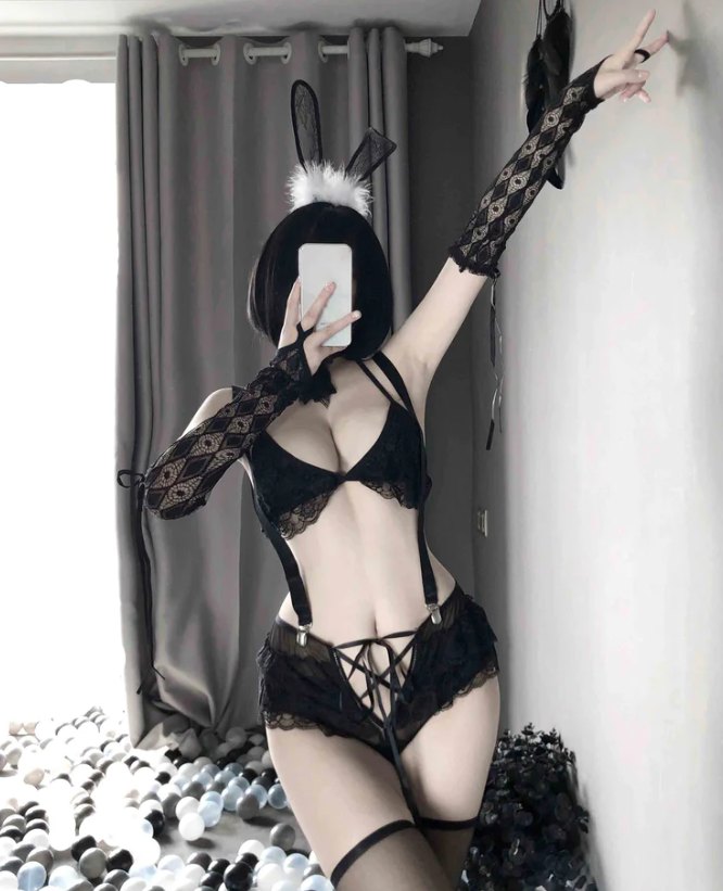 Black + Sleeves + Stockings feather trim bunny garter lace glove set