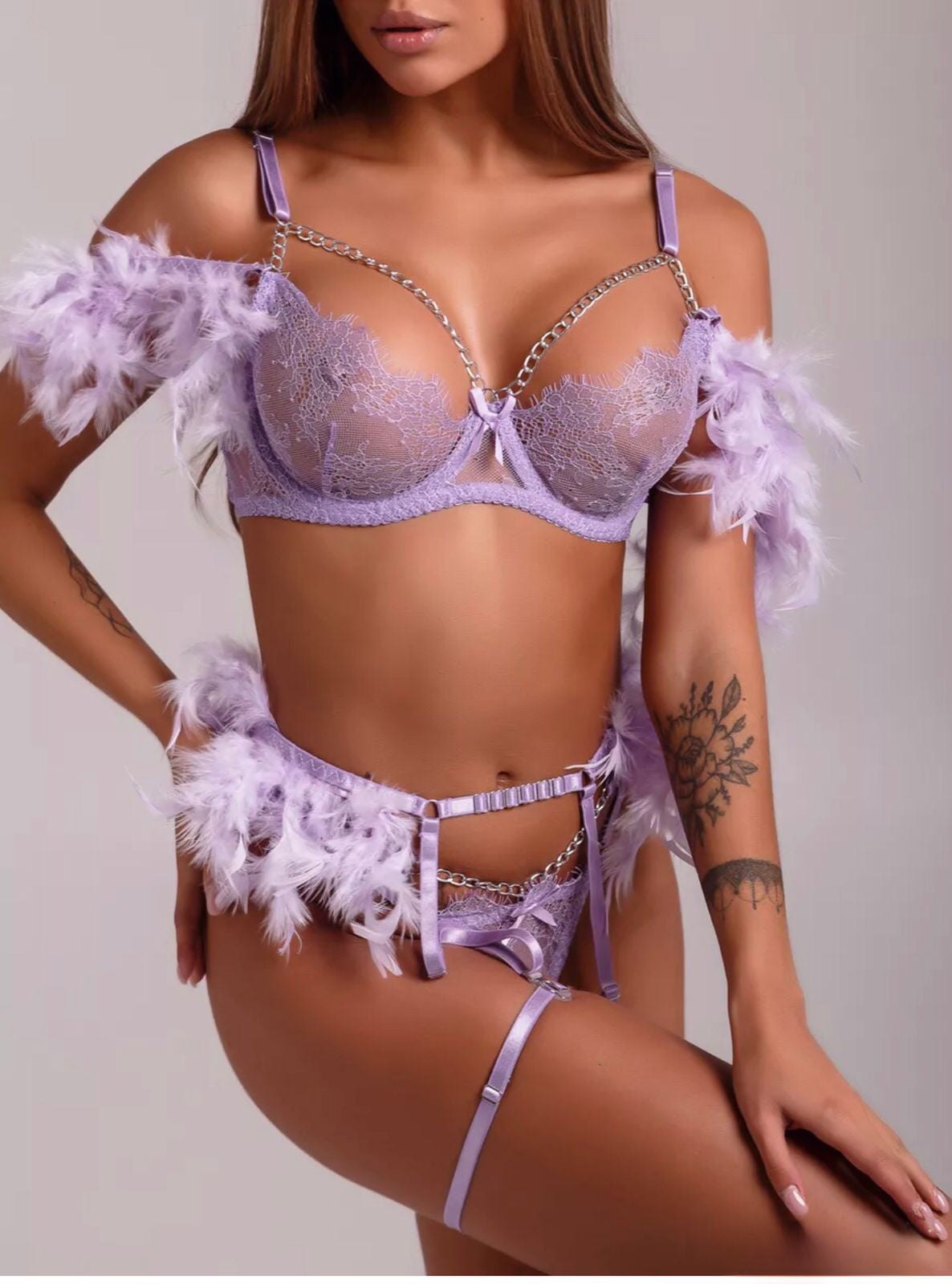 Feather trim lace chain garter set, photo 3