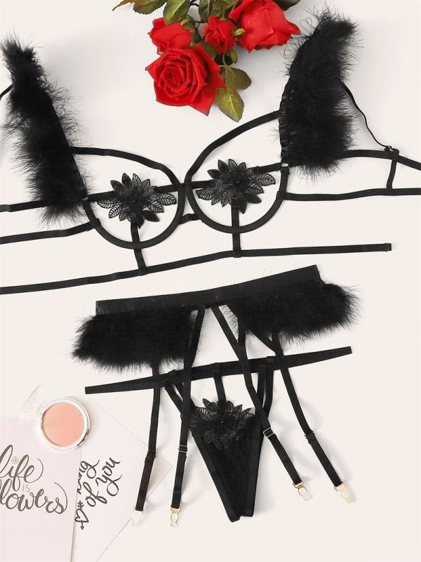 Black feather trim lace garter three piece set