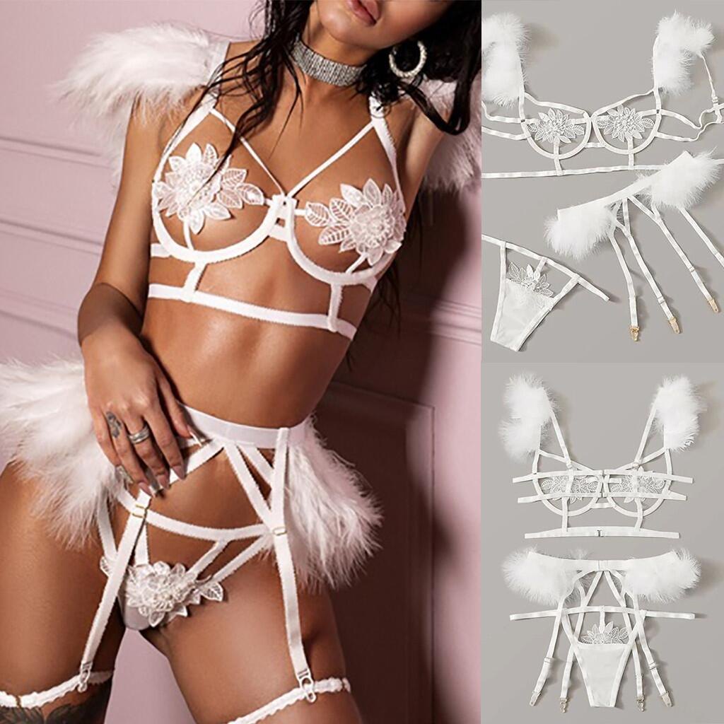 Feather trim lace garter three piece set, photo 3