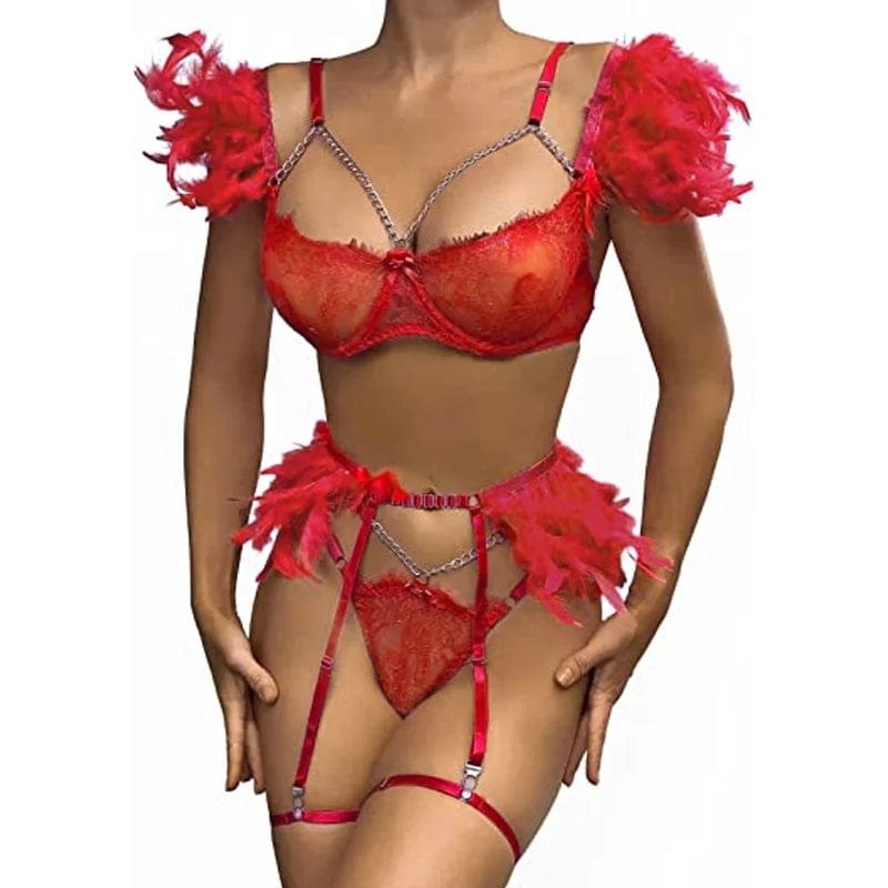 L feather trim lace lingerie set with garter belt