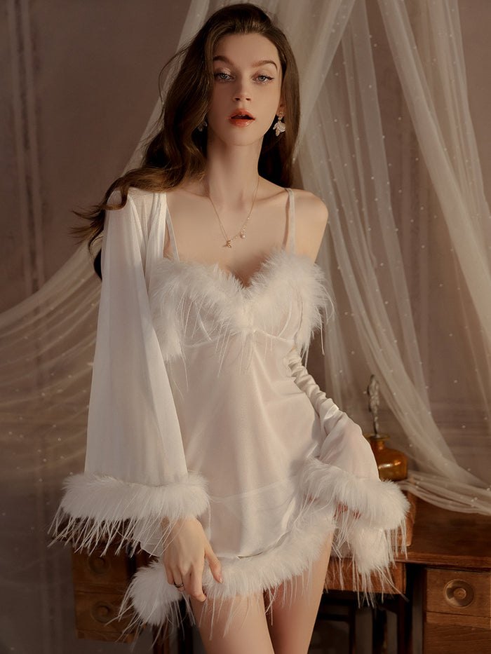 Feather trim swan slip dress robe set, photo 15