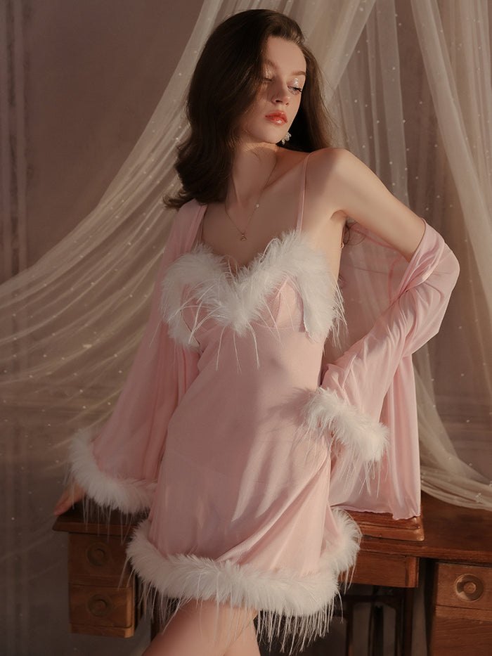 Feather trim swan slip dress robe set, photo 8