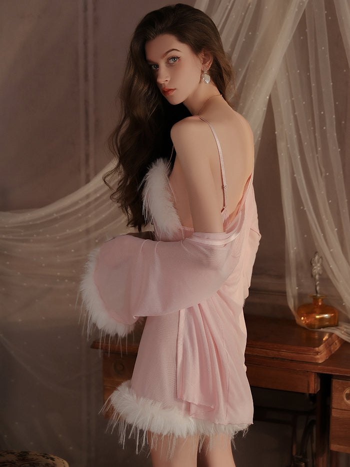 Feather trim swan slip dress robe set, photo 9