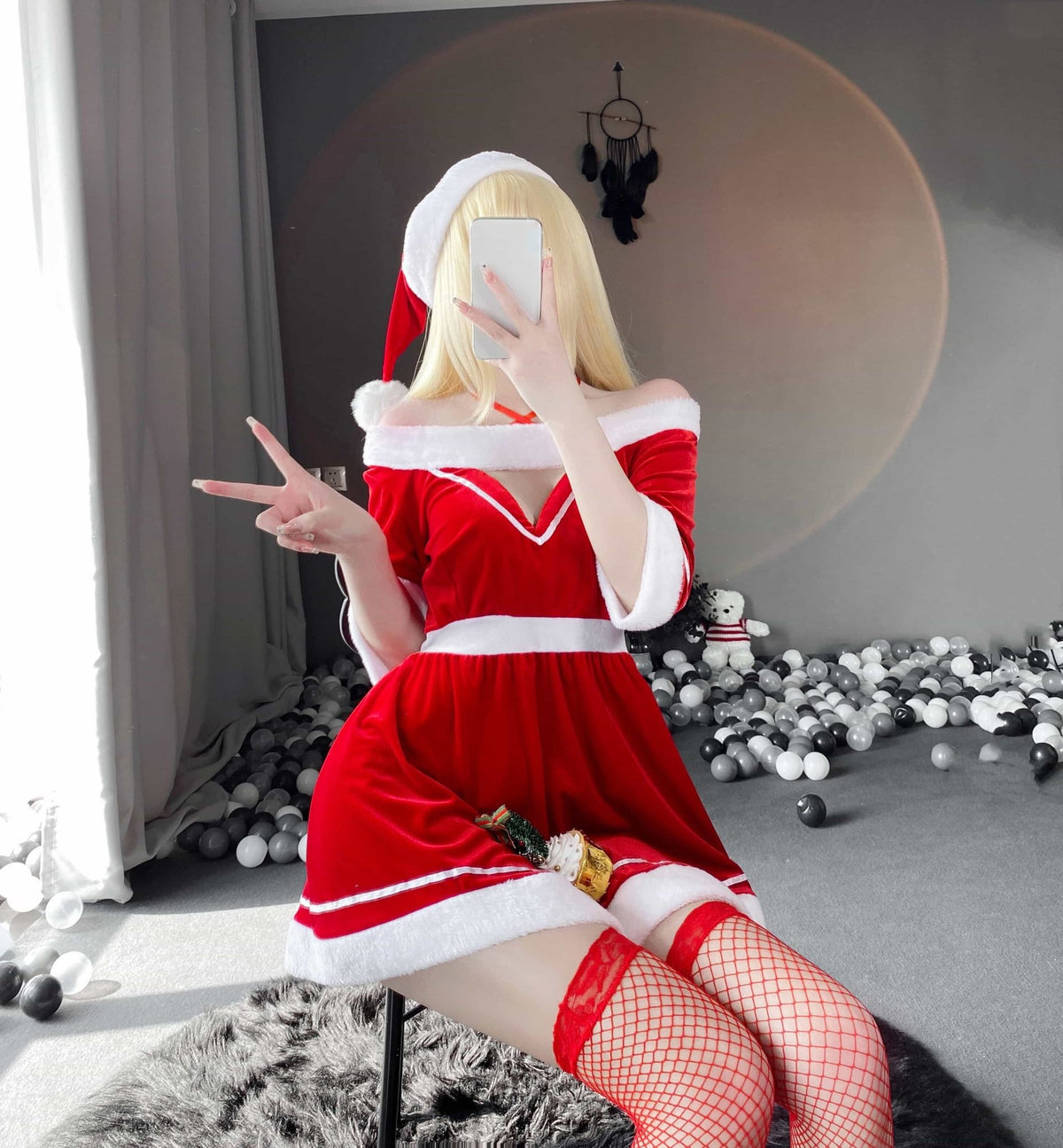 Red + Stockings festive velvet holiday babydoll
