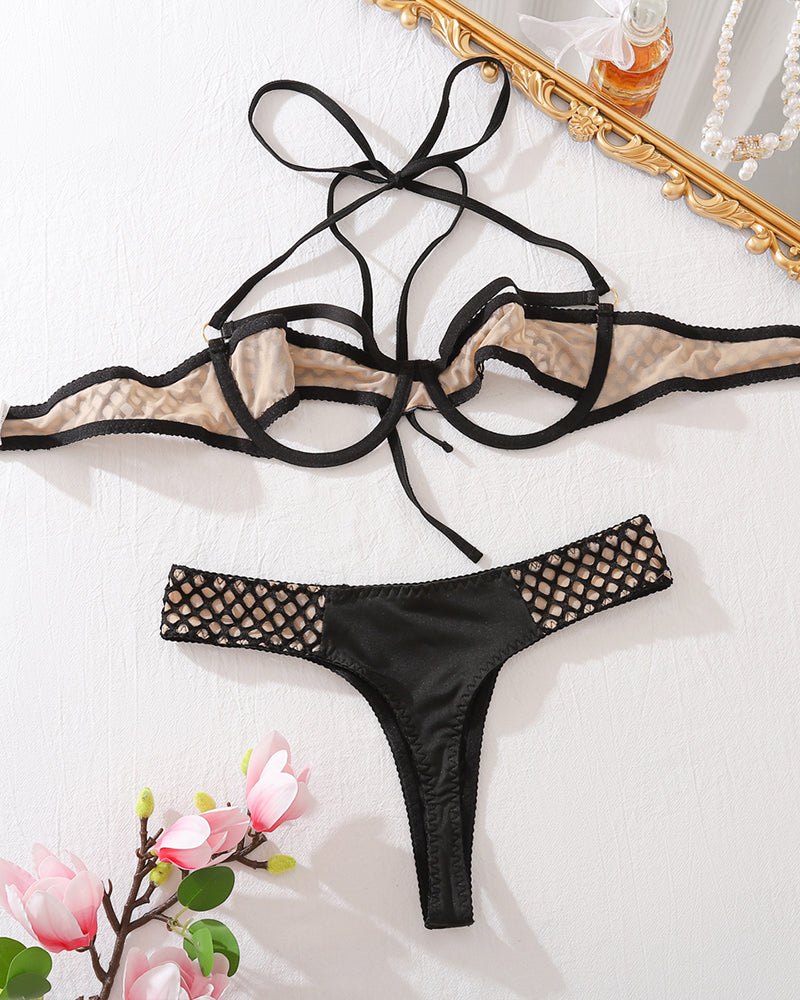 Fishnet cutout halter bra thong set, photo 5