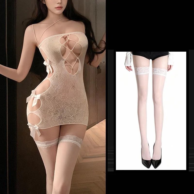 White + White Stockings fishnet tearable hip skirt chemise suit