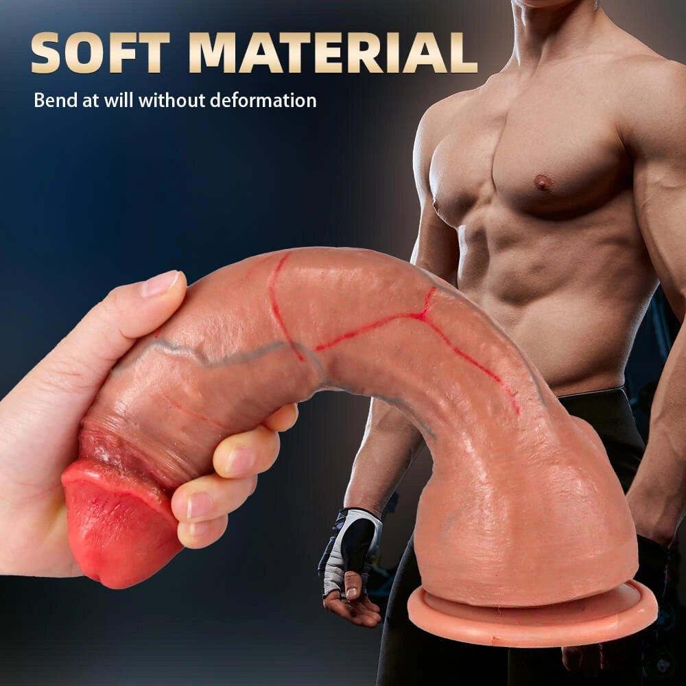 Flesh curved silicone suction cup dildo with veins, photo 12
