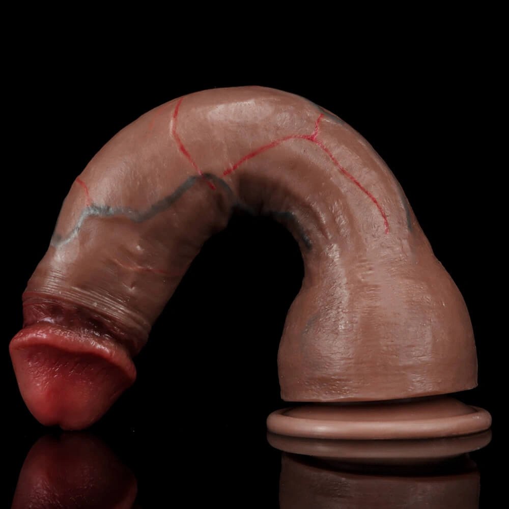 Flesh curved silicone suction cup dildo with veins, photo 5
