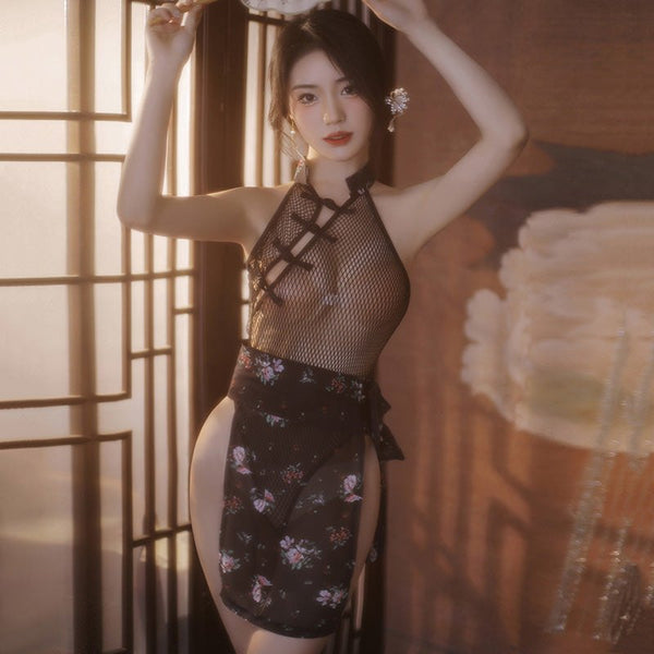 Black floral cheongsam mesh bodysuit