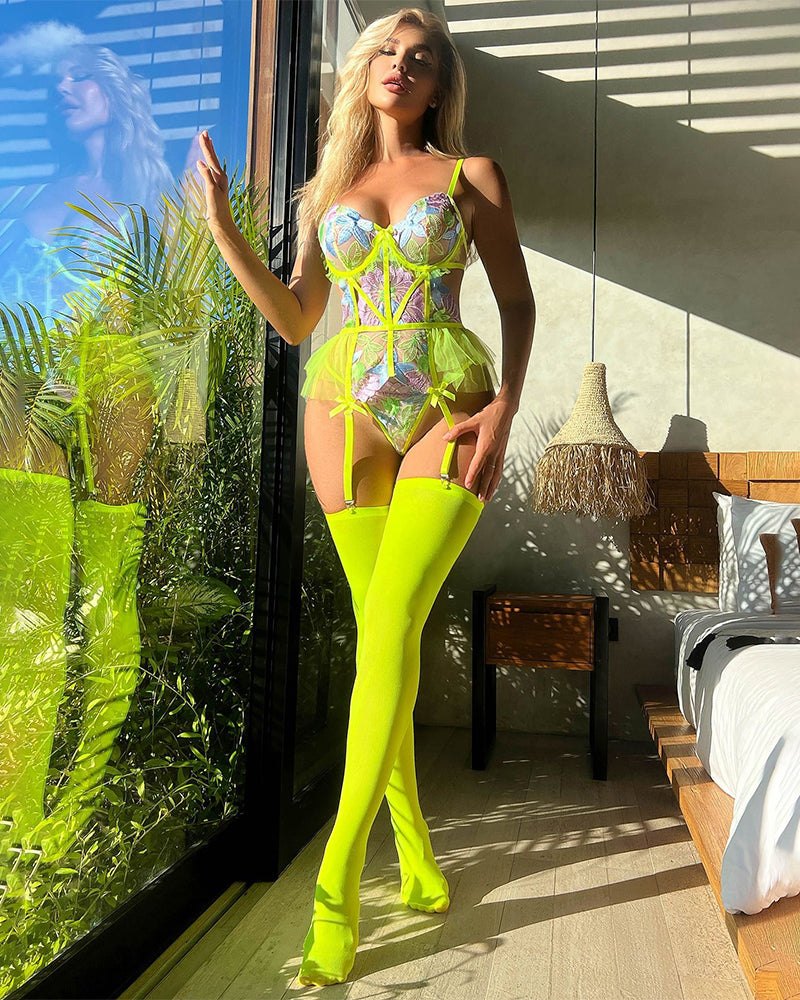 Green floral embroidered corset boned bodysuit