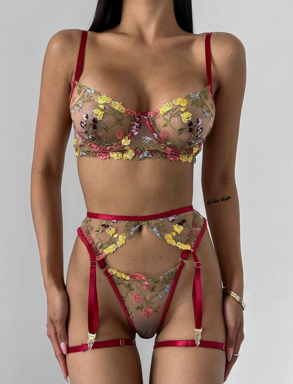 Red floral embroidered mesh garter set