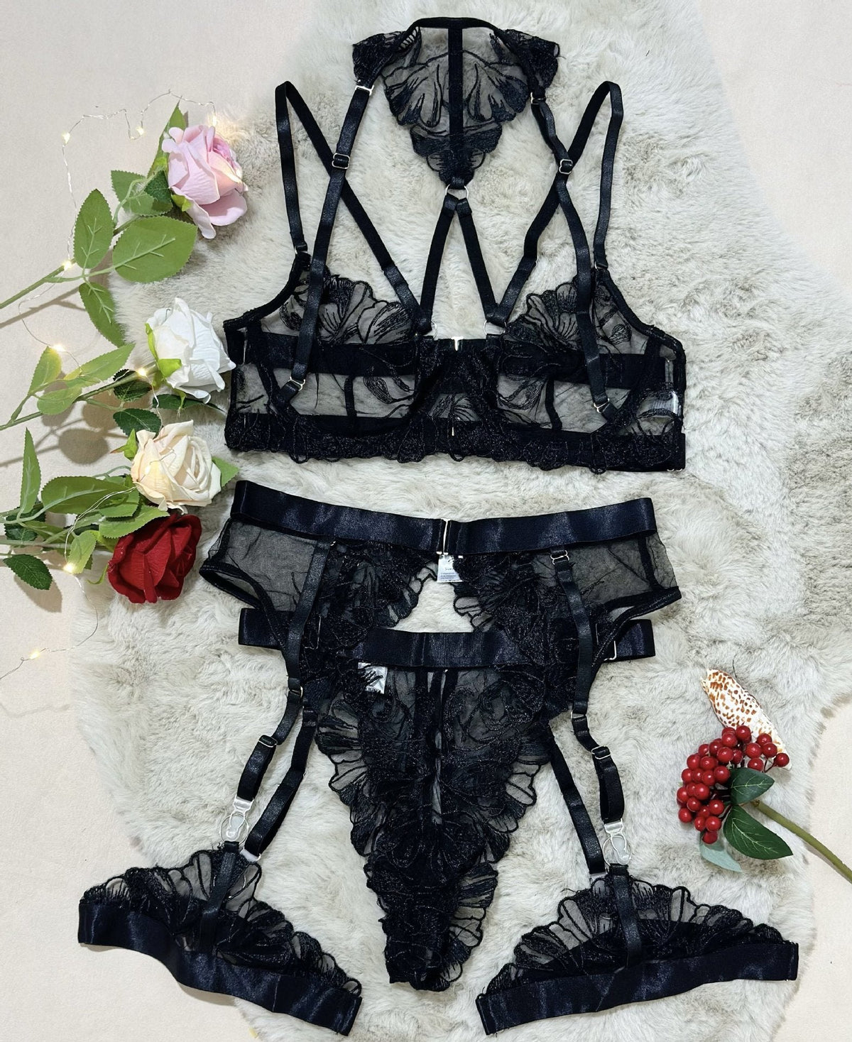 Floral embroidered mesh underwire bra set, photo 6