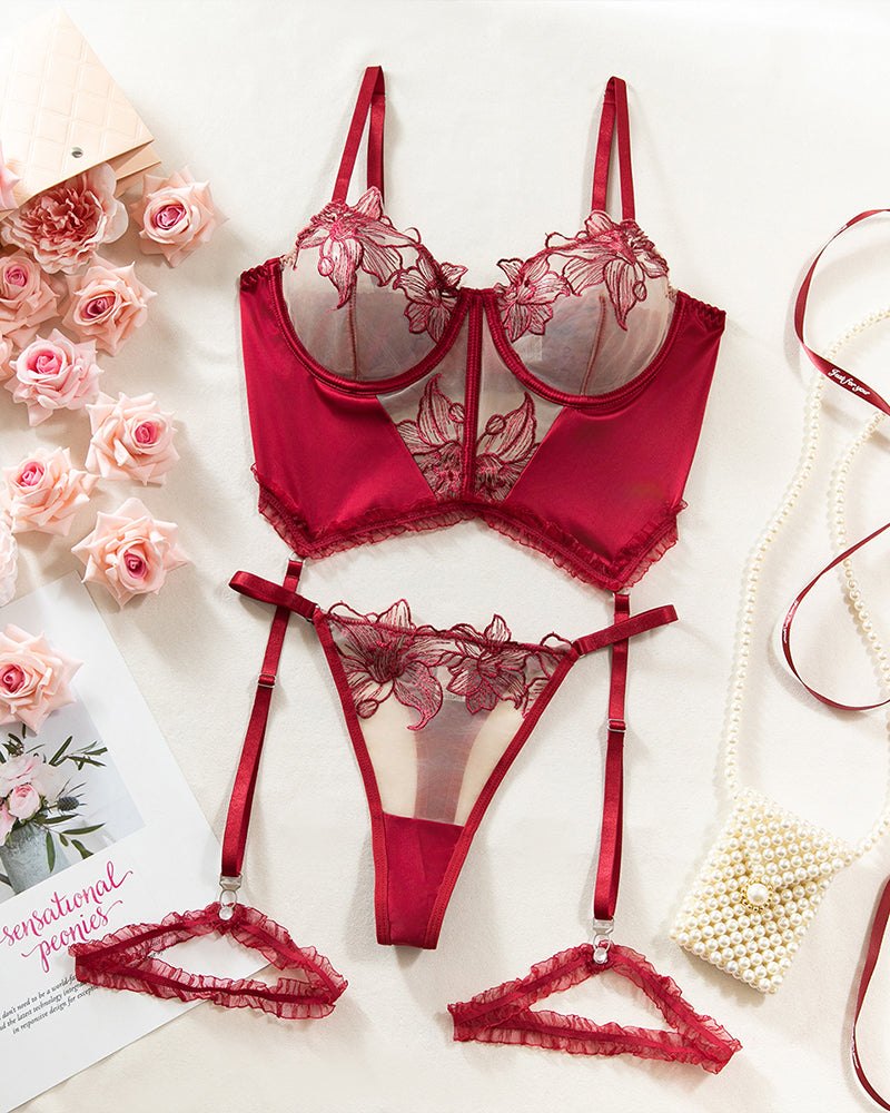 Floral embroidered satin garter belt set, photo 12