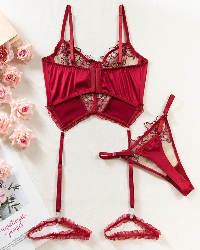 Floral embroidered satin garter belt set, photo 13