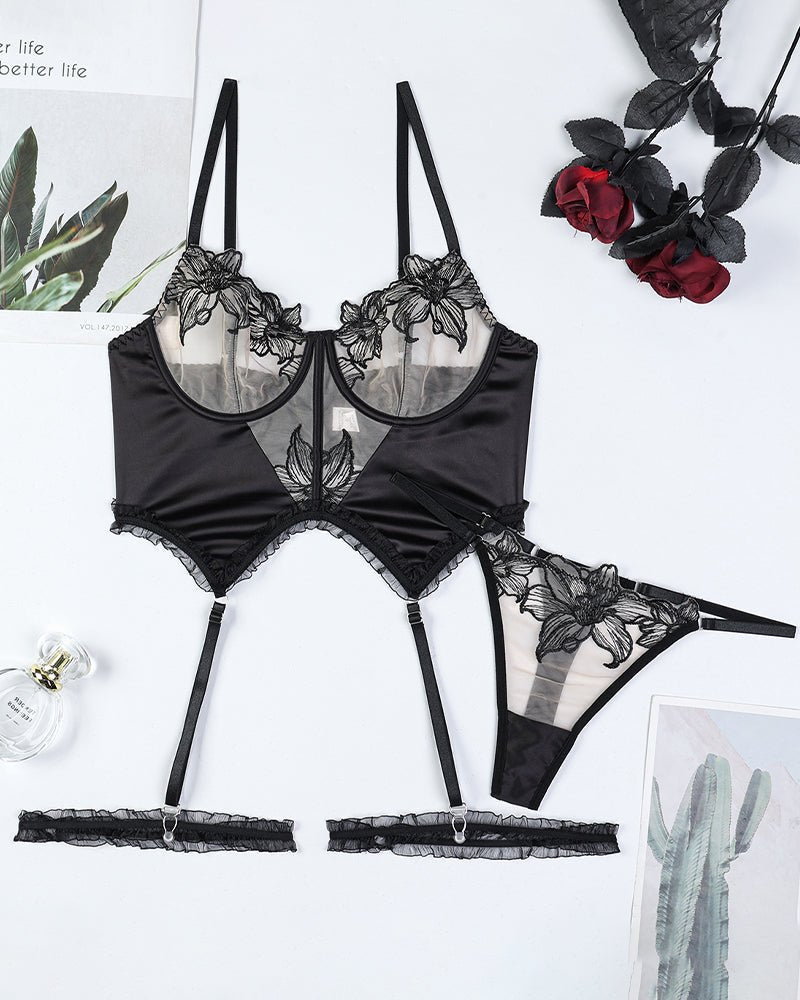 Floral embroidered satin garter belt set, photo 6