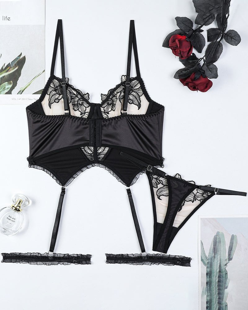 Floral embroidered satin garter belt set, photo 7