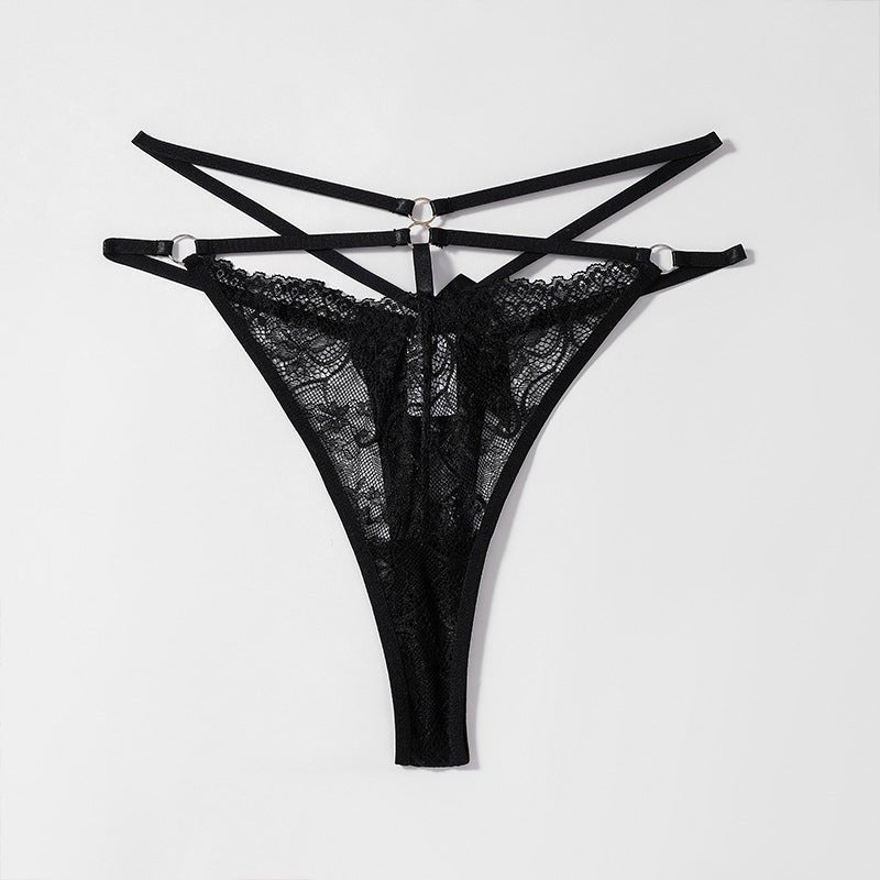 Black floral lace bow mid waist plus thong