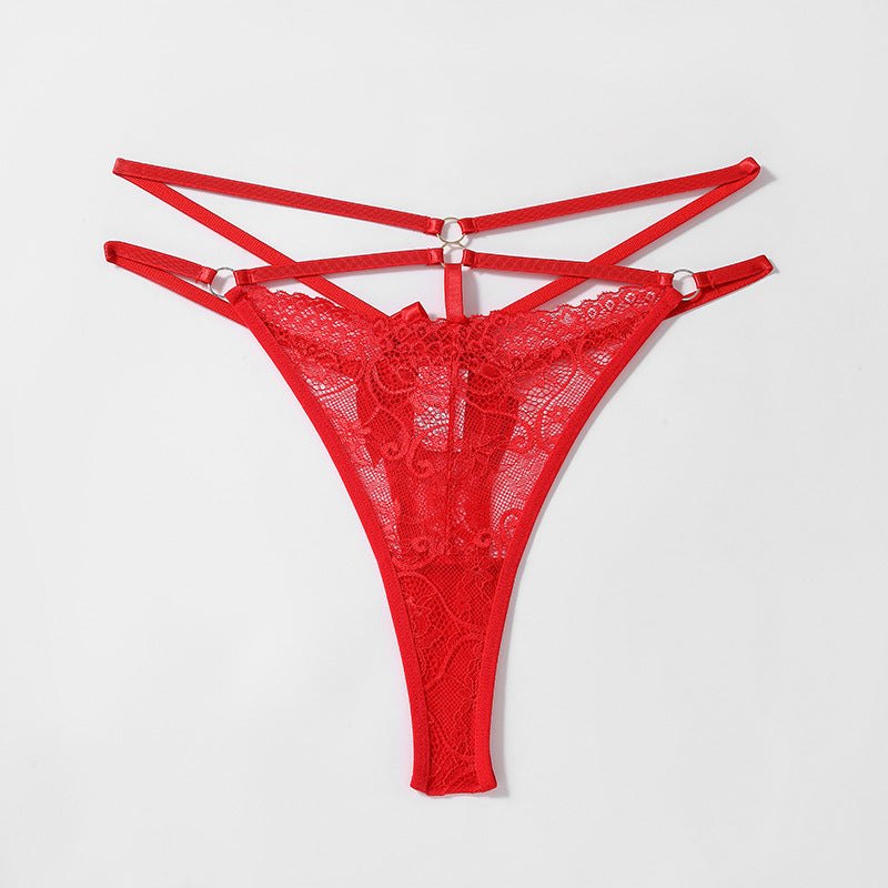 Red floral lace bow mid waist plus thong