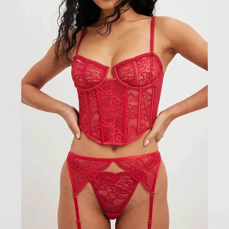 Red floral lace corset bustier garter set