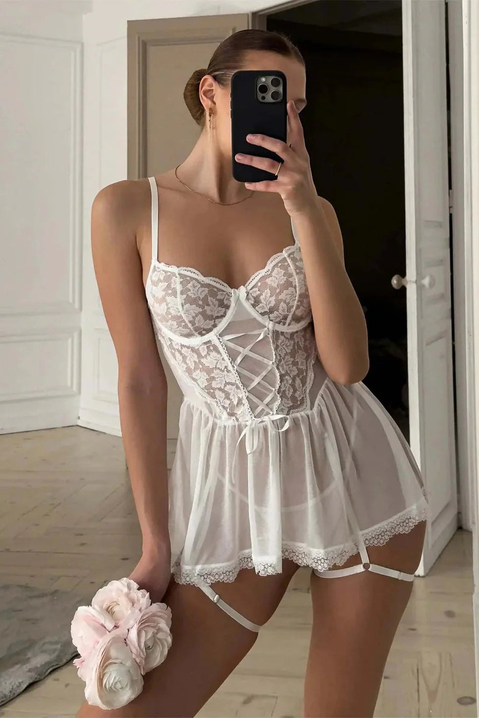 White floral lace corset style babydoll