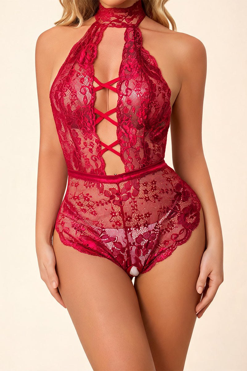 Burgundy floral lace criss cross front teddy