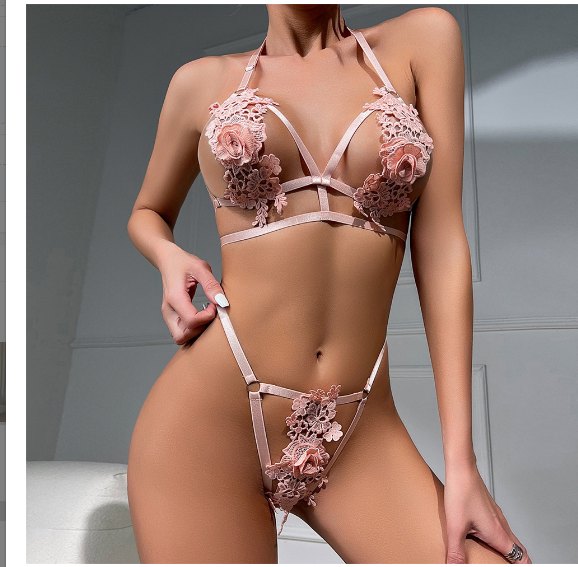 Pink floral lace cutout strappy bra set