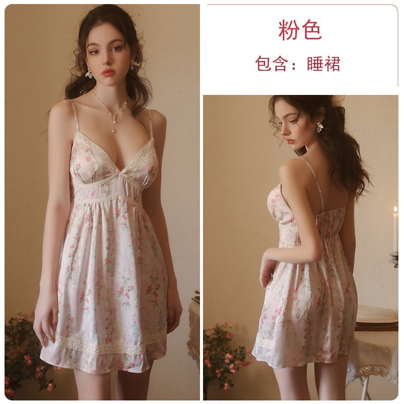 Pink floral lace deep v satin dress