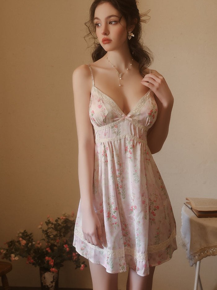 Floral lace deep v satin dress, photo 1