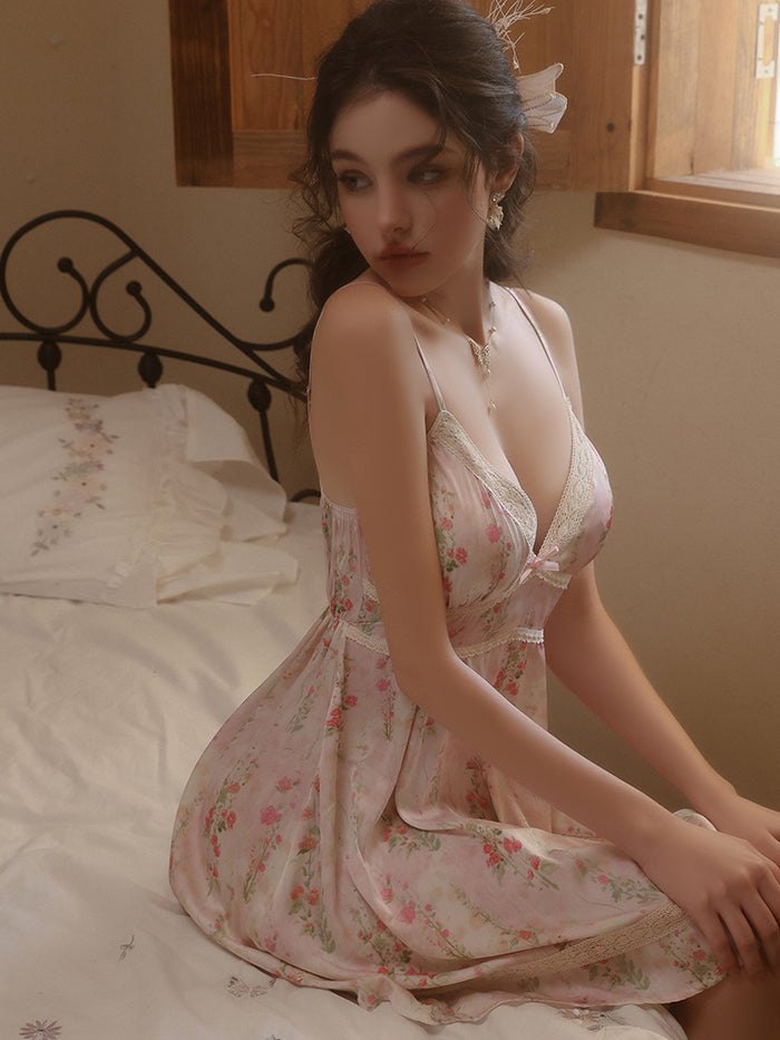 Floral lace deep v satin dress, photo 8