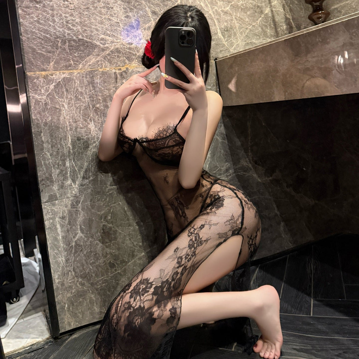 Floral lace high slit mesh nightgown, photo 6