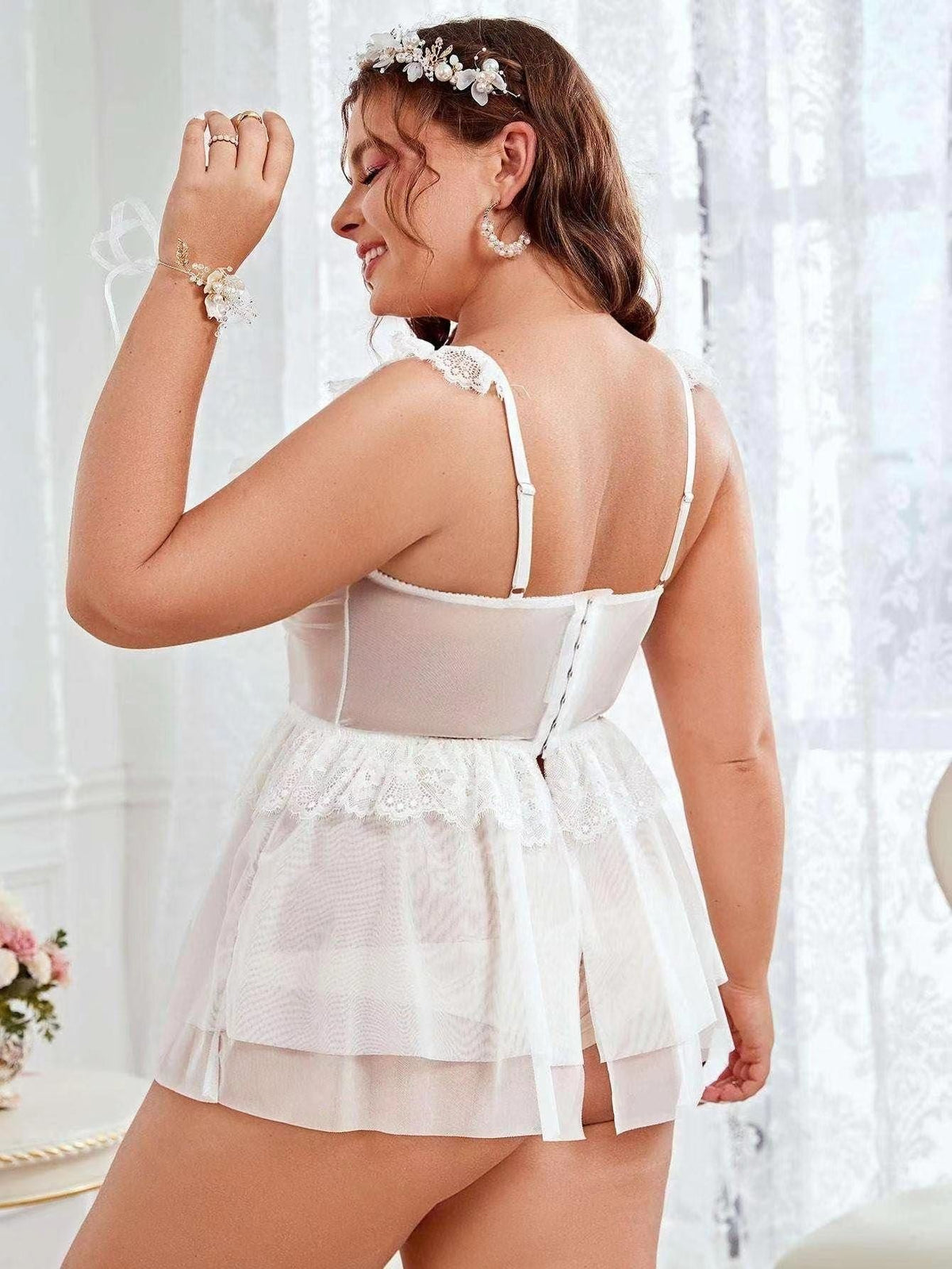 Floral lace mesh garter babydoll chemise, photo 6