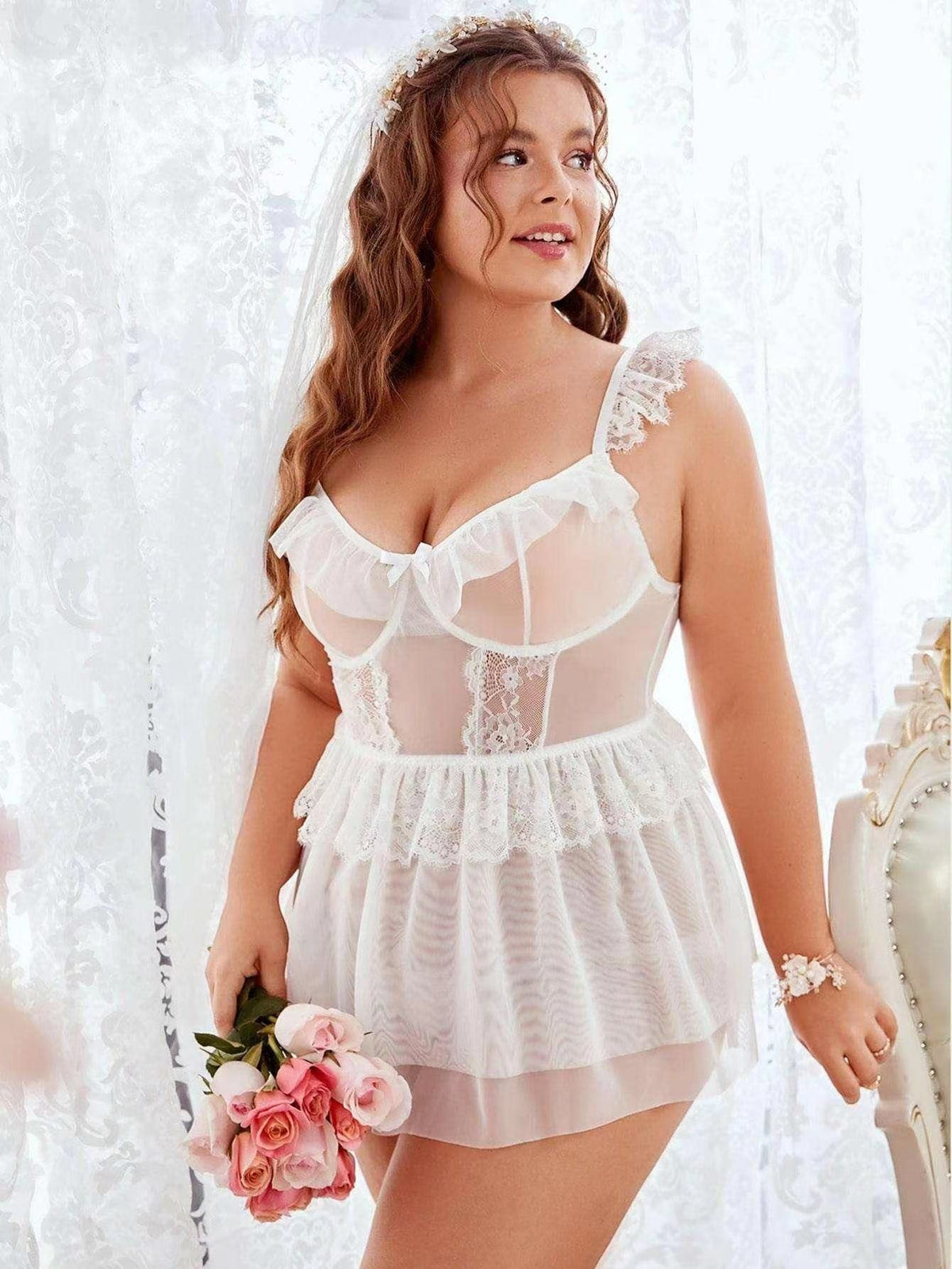 White floral lace mesh garter babydoll chemise