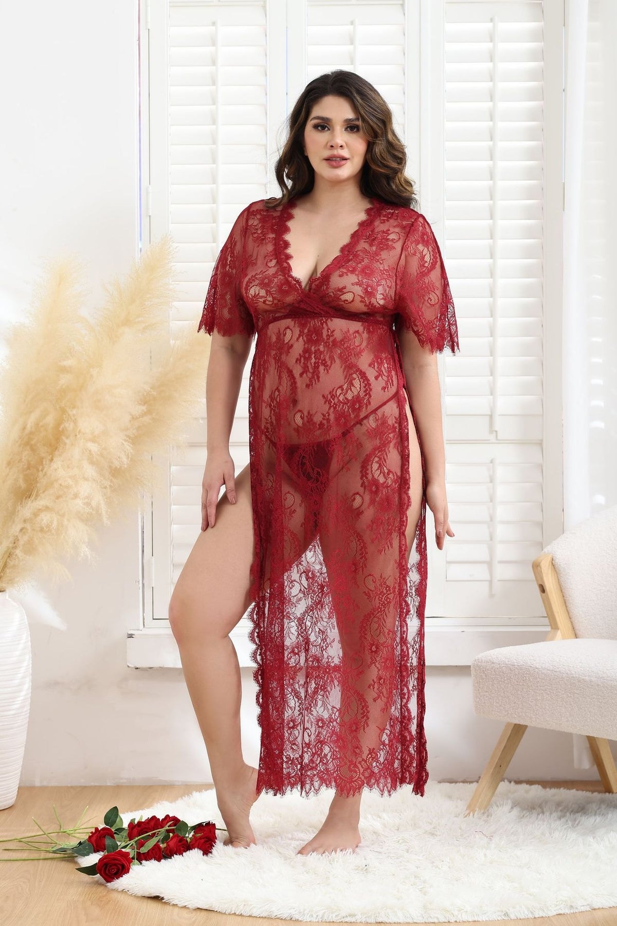 Red floral lace mesh long sleeve gown
