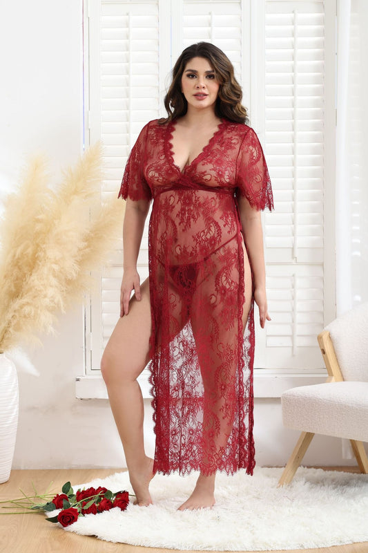 Red floral lace mesh long sleeve gown