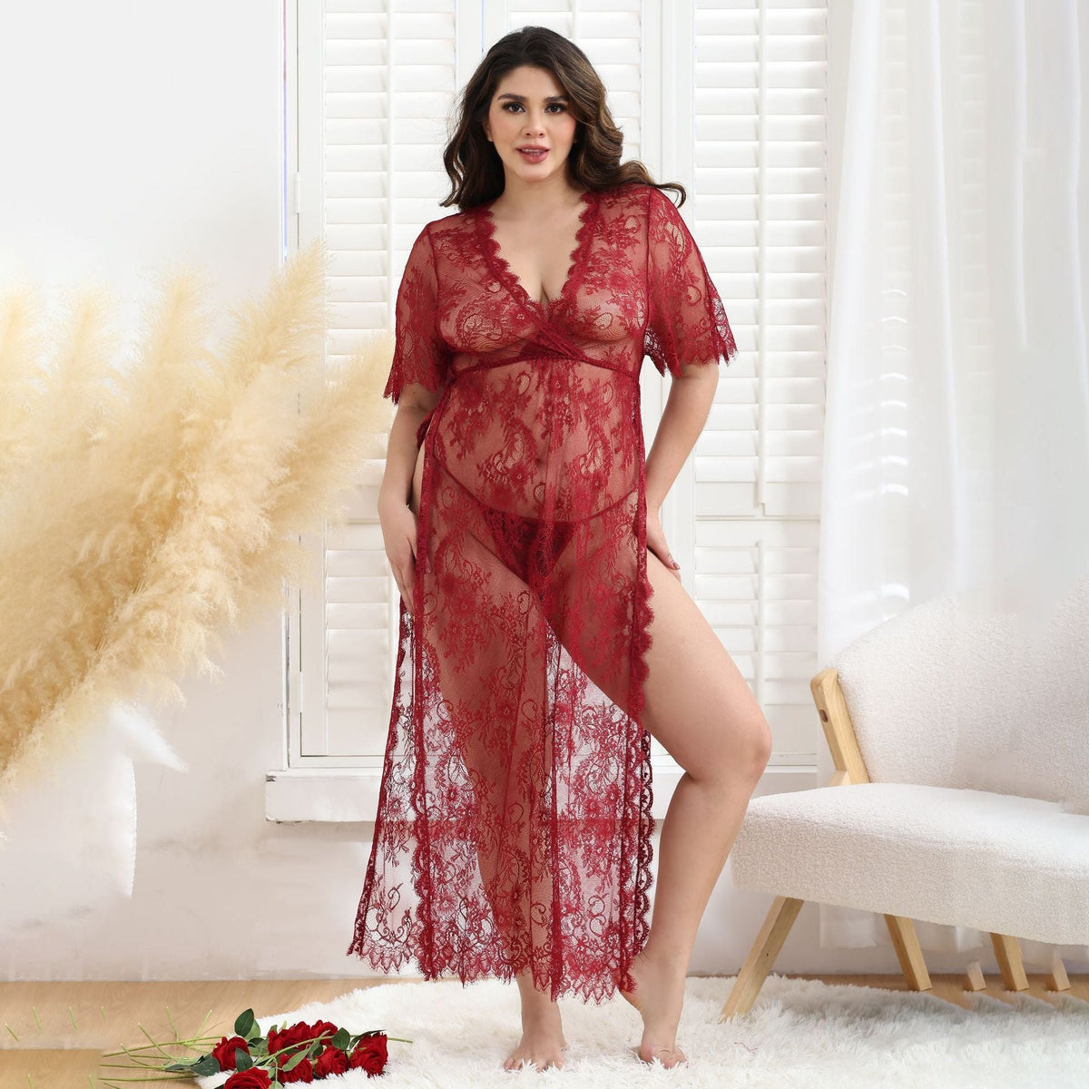 Floral lace mesh long sleeve gown, photo 6