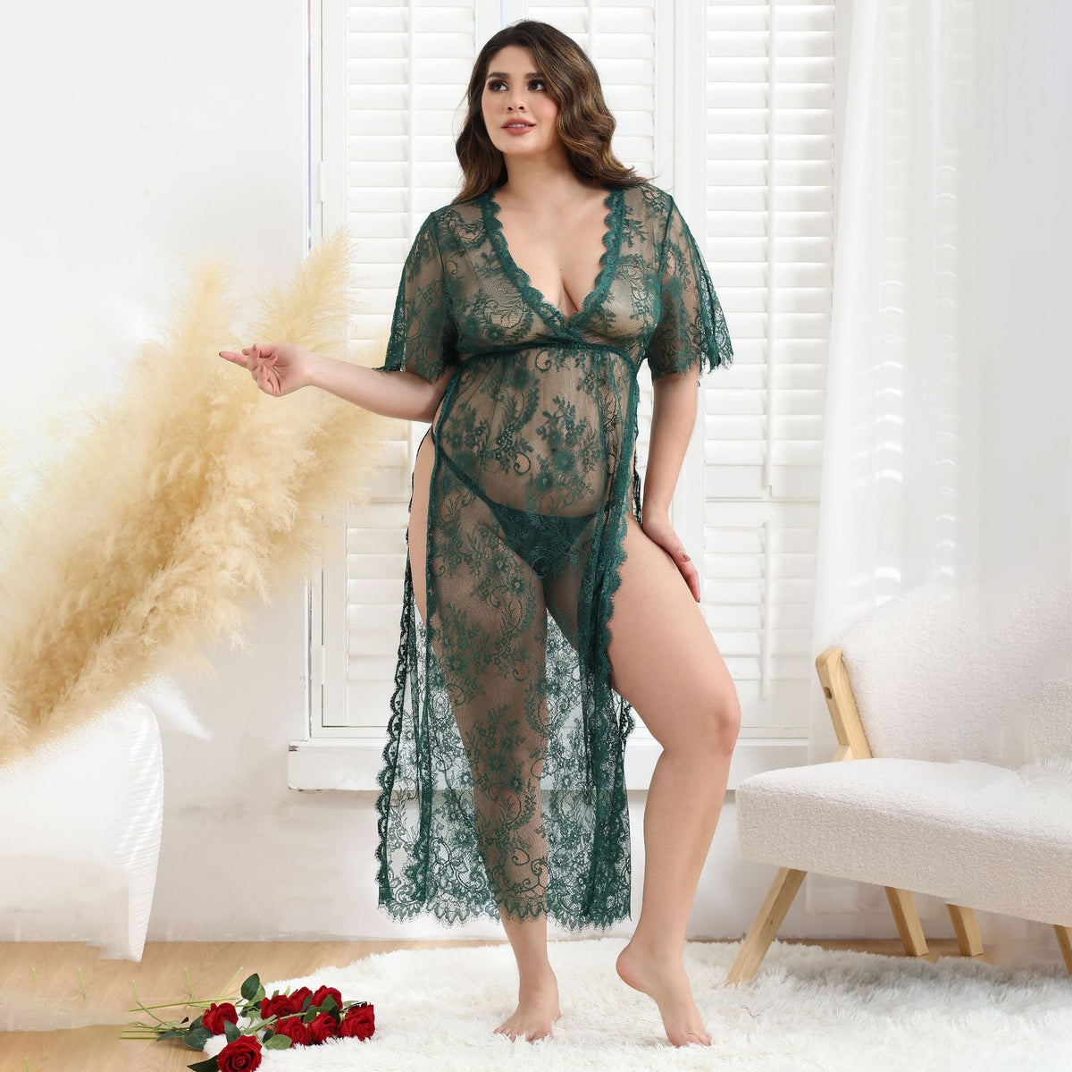 Floral lace mesh long sleeve gown, photo 8