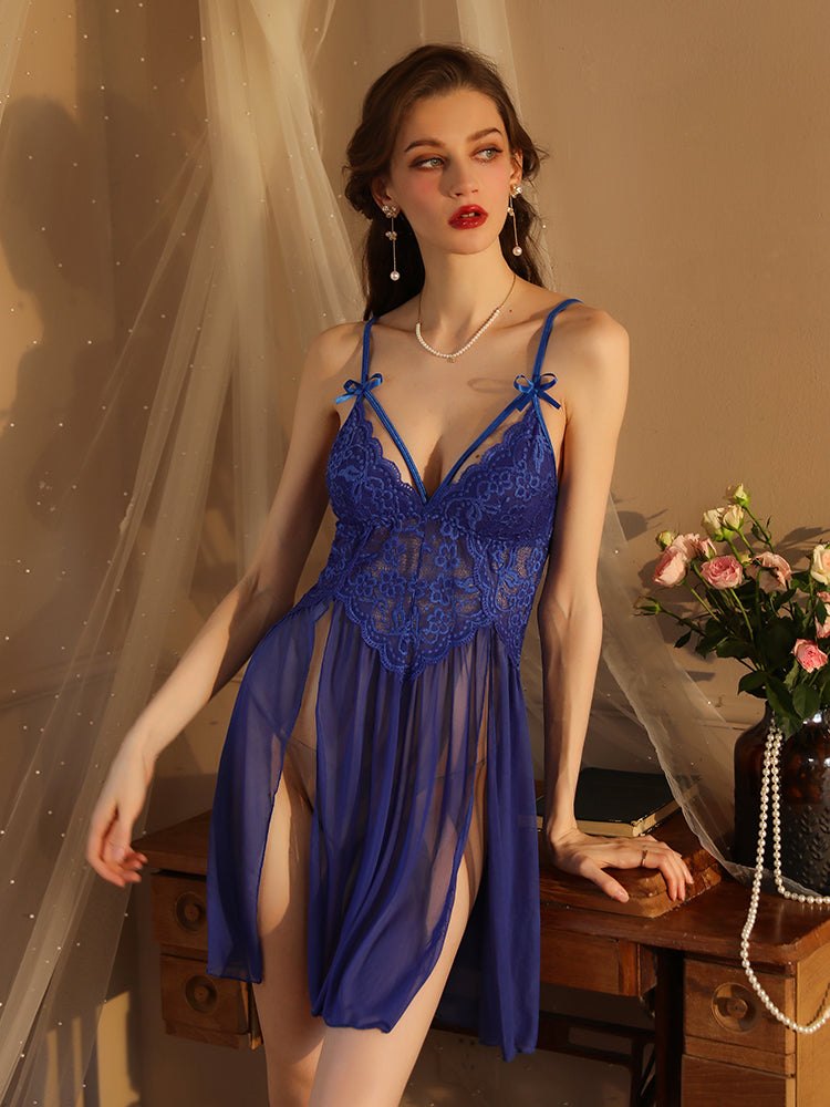 Blue floral lace sheer mesh babydoll set