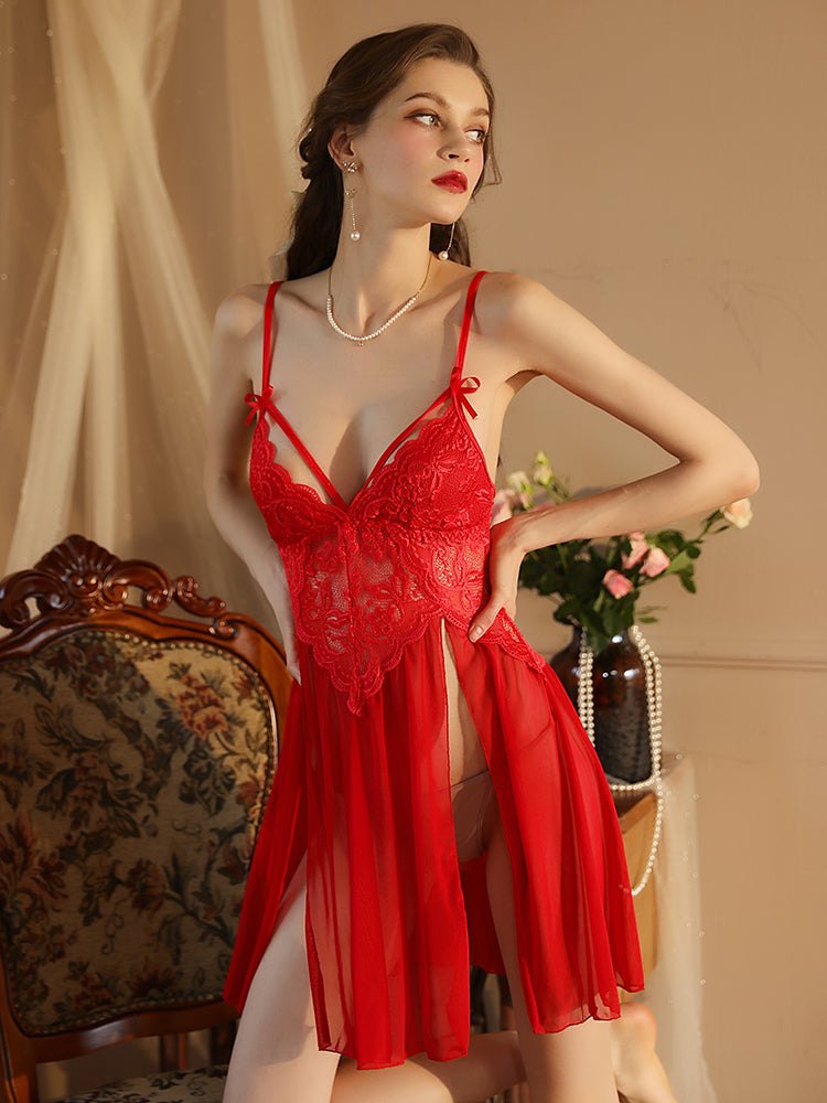 Red floral lace sheer mesh babydoll set