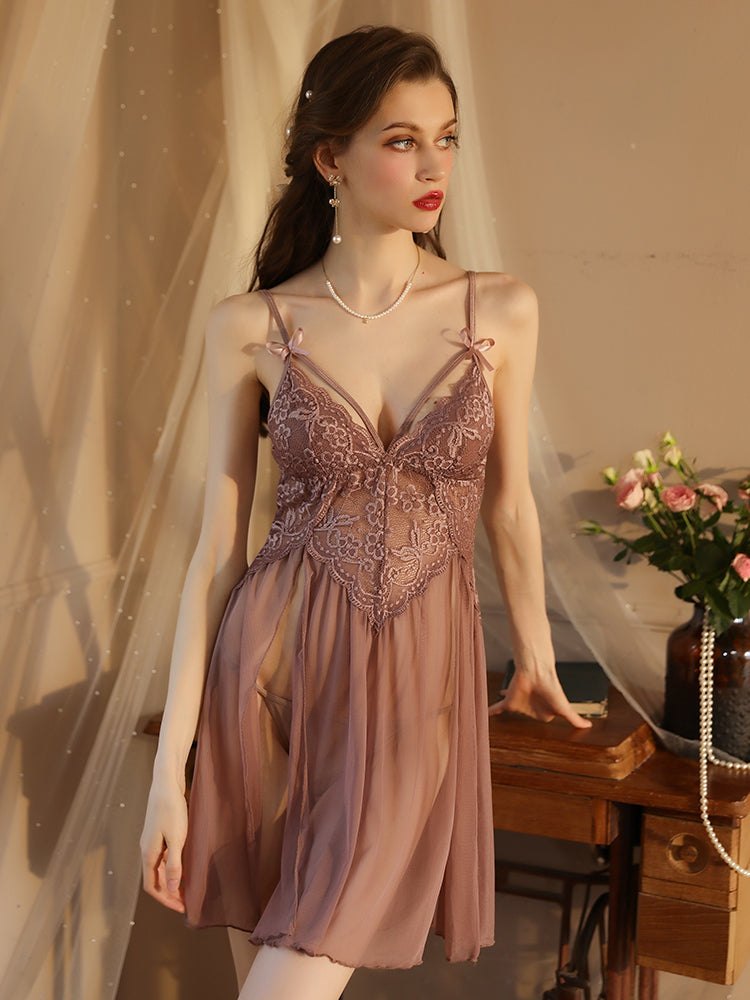 Rose Gold floral lace sheer mesh babydoll set