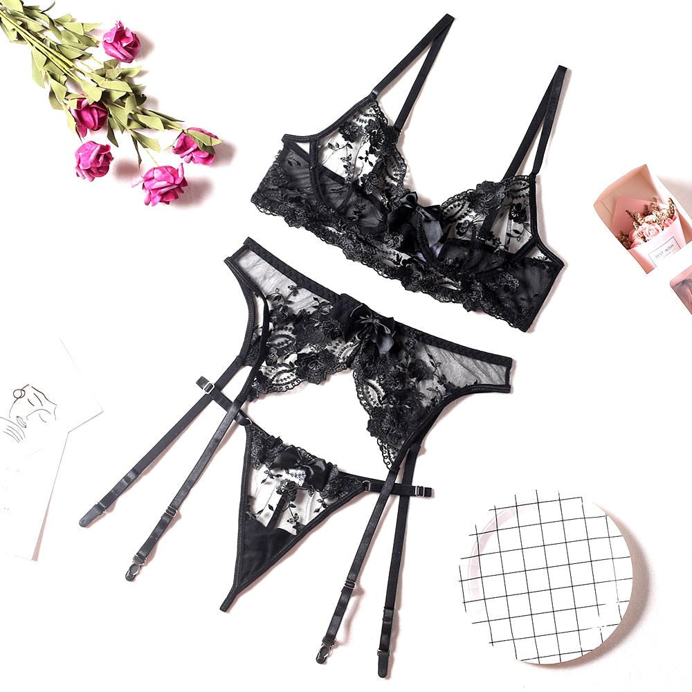 Floral lace sheer mesh garter set, photo 4