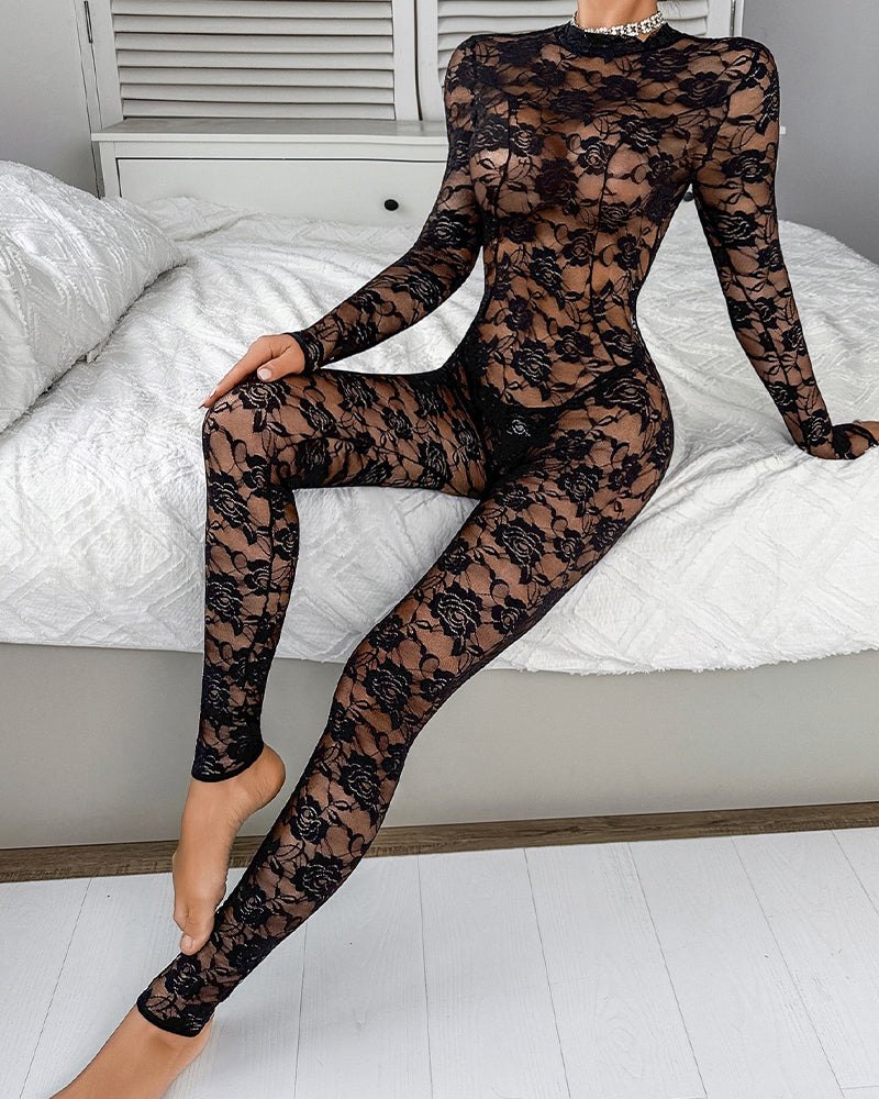 Black floral lace sheer unitard bodystocking