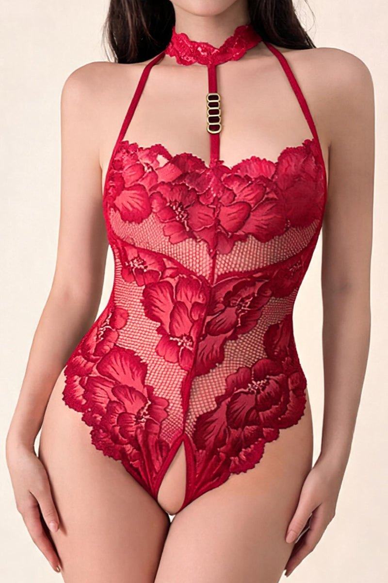 Burgundy floral lace teddy choker bodysuit