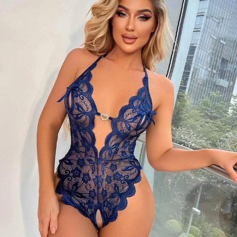Dark Blue floral lace trim teddy