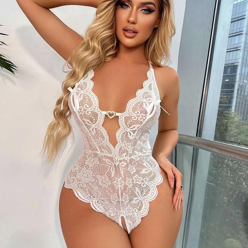 White floral lace trim teddy
