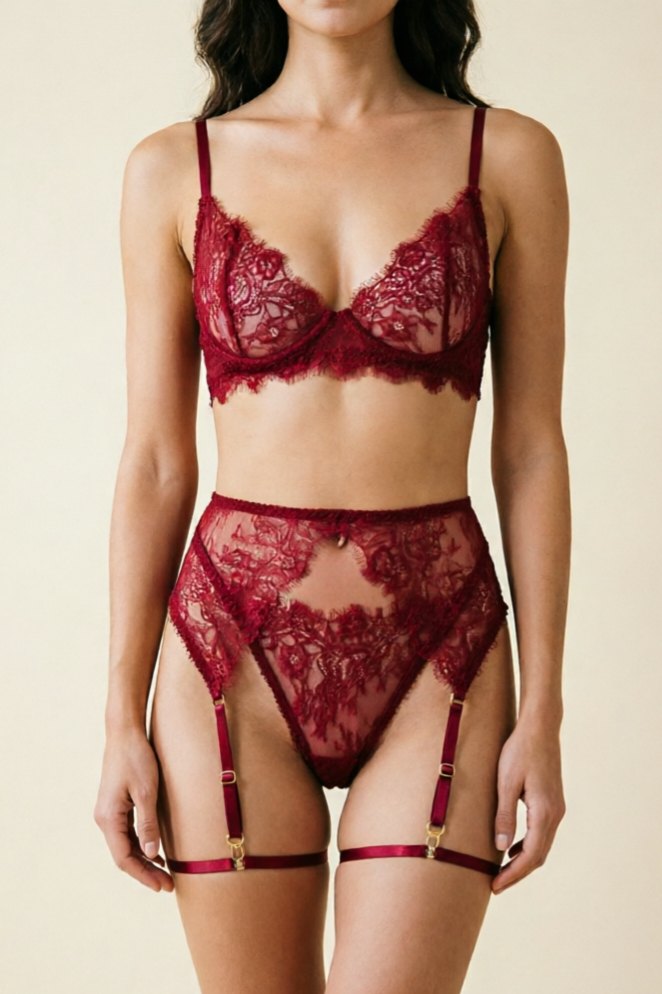Burgundy floral lace underwire three piece garter set