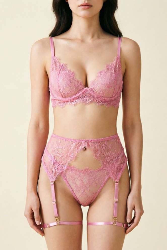 Pink floral lace underwire three piece garter set