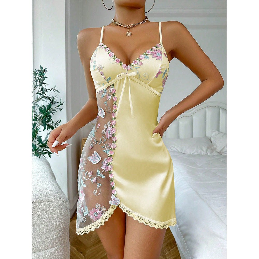 Yellow floral mesh lace satin suspender nightdress