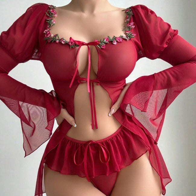 Burgundy floral mesh sheer see through nightdress