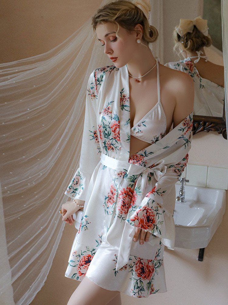 Floral print ice silk sleepwear robe set, photo 1
